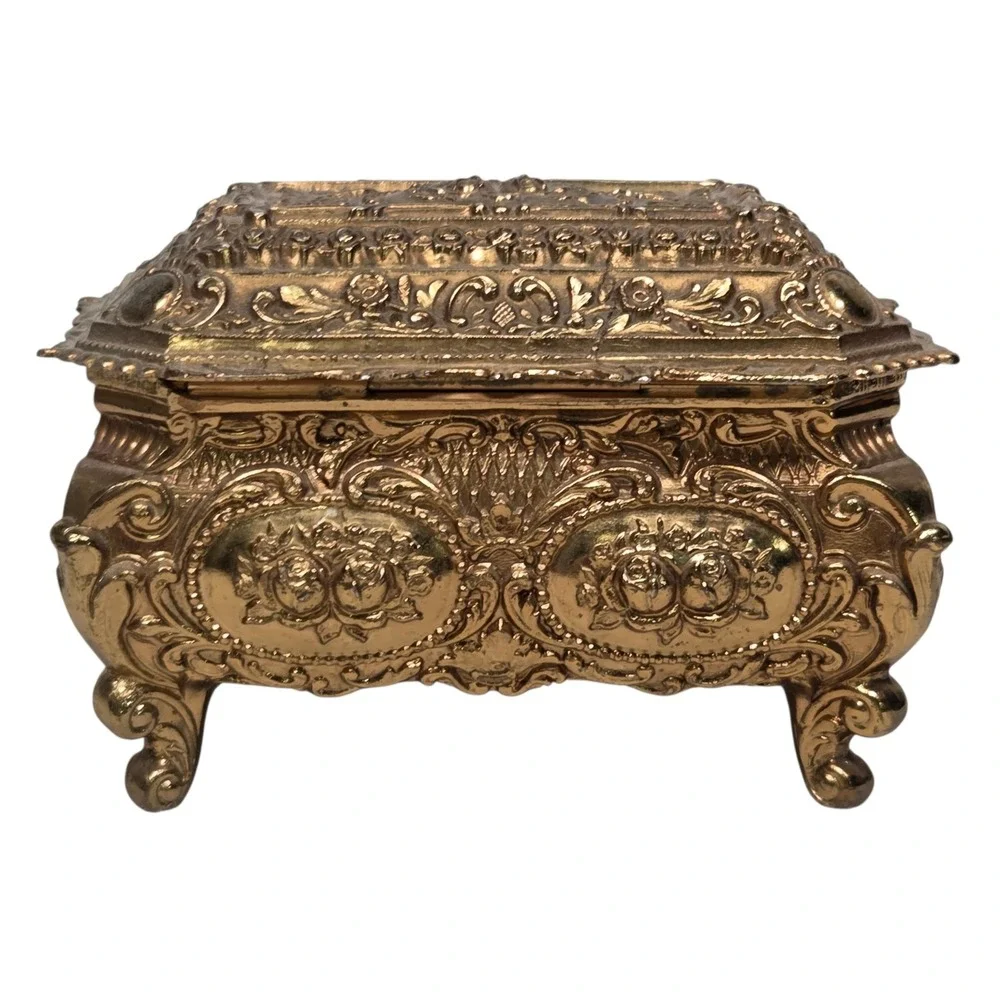 Jewelry Box  Gold Ornate Floral Footed Red Velvet Lining Vintage Heavy vtg